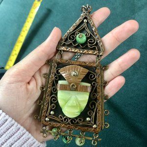 Vintage Rare Mexico Copper & Blue Onyx Aztec Mayan Large Pendant Necklace